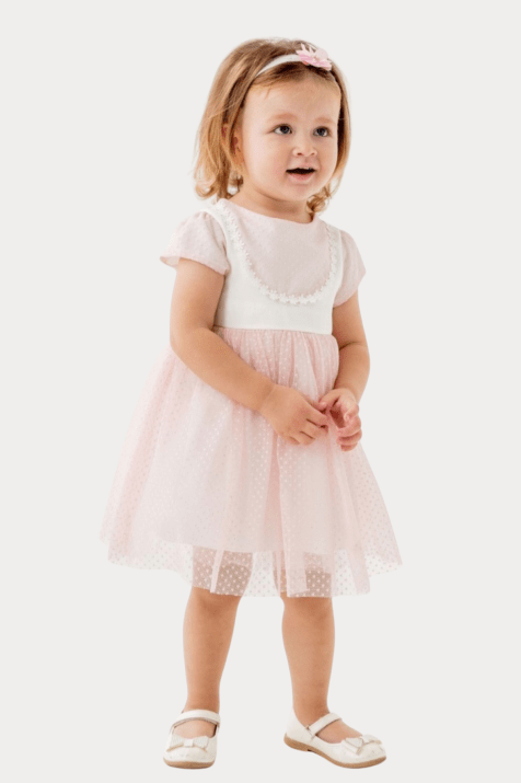 Детска официална рокля с къс ръкав, розов цвят