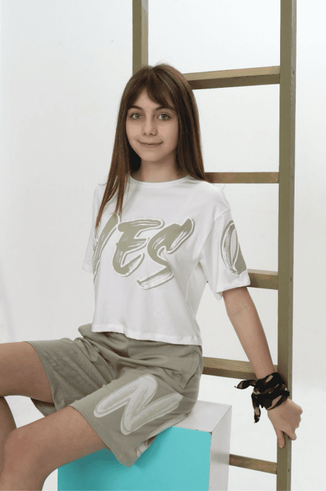 Детски комплект за момиче с къс ръкав, зелен цвят