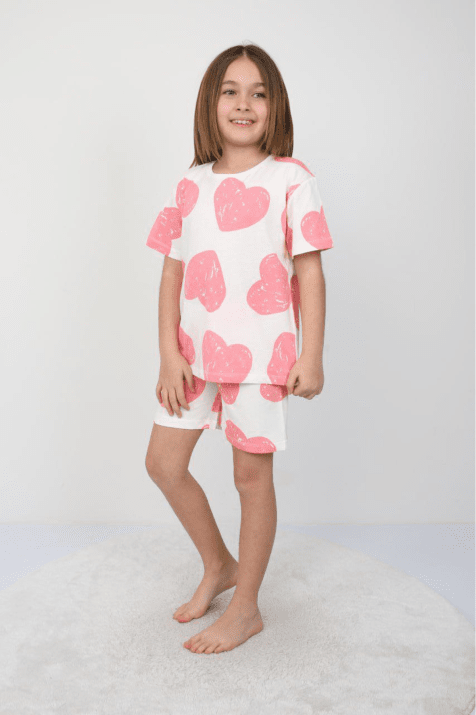 Детска пижама за момиче къс ръкав, бял цвят