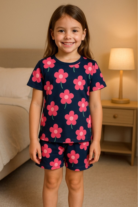 Детска пижама за момиче къс ръкав, тъмно син цвят