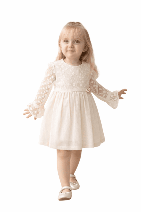 Детска рокля с дълъг ръкав, цвят екрю  