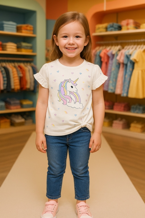 Детска тениска за момиче Еднорог, цвят екрю