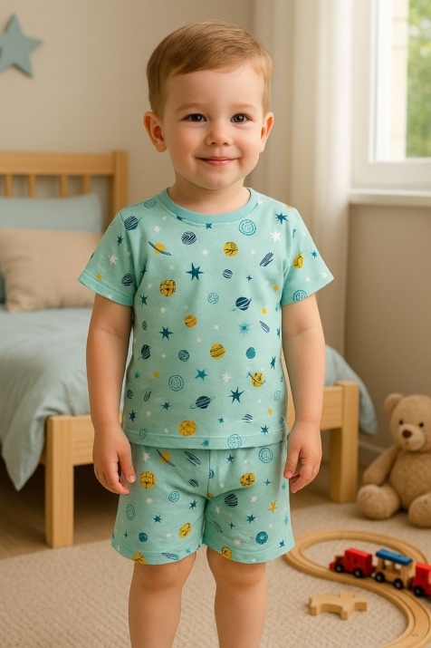 Детска пижама за момче с къс ръкав, син цвят  