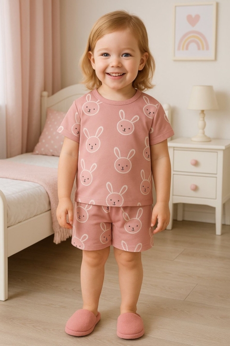 Детска пижама за момиче къс ръкав, розов цвят  