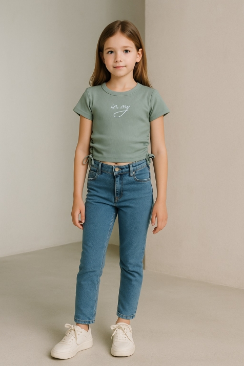 Детска тениска момиче с връзки, зелен цвят