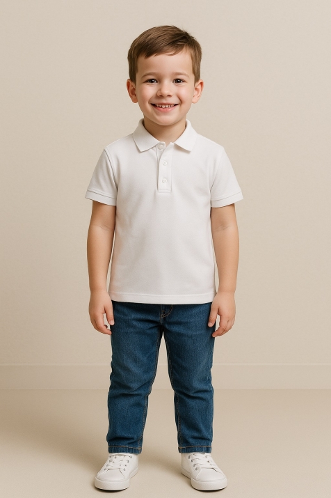 Детска тениска с яка за момче,бял цвят