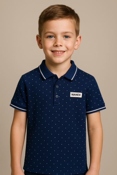 Детска тениска с яка за момче, син цвят