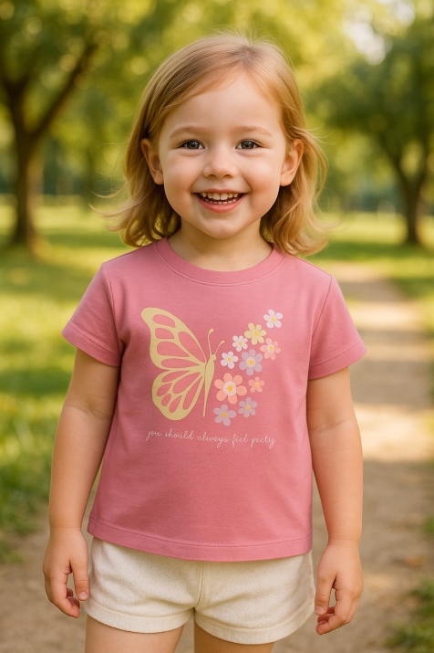 Детска тениска за момиче, тъмно розов цвят