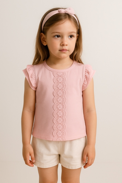 Детска тениска момиче с дантела, розов цвят