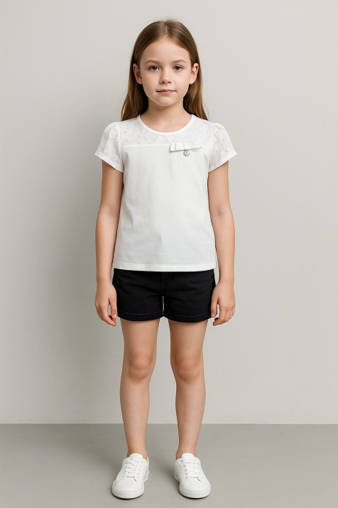 Детска тениска момиче с дантела, бял цвят