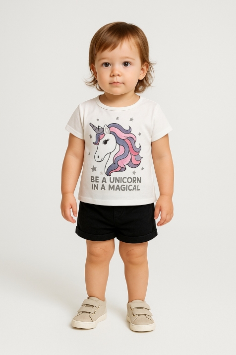Детска тениска момиче Еднорог, цвят екрю