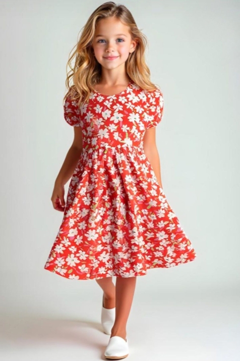 Детска рокля с къс ръкав на цветя, червен цвят