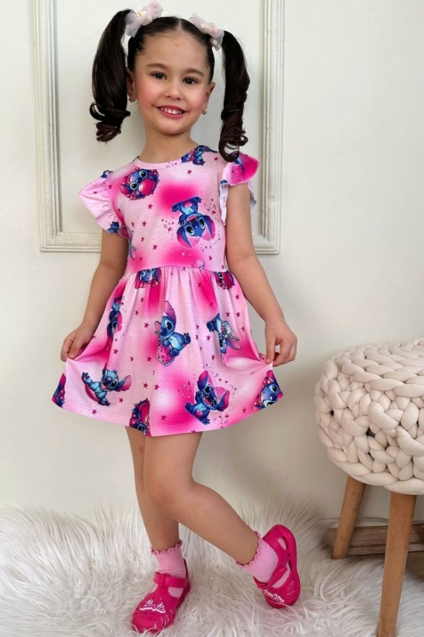 Детска рокля с къс ръкав Stitch, розов цвят