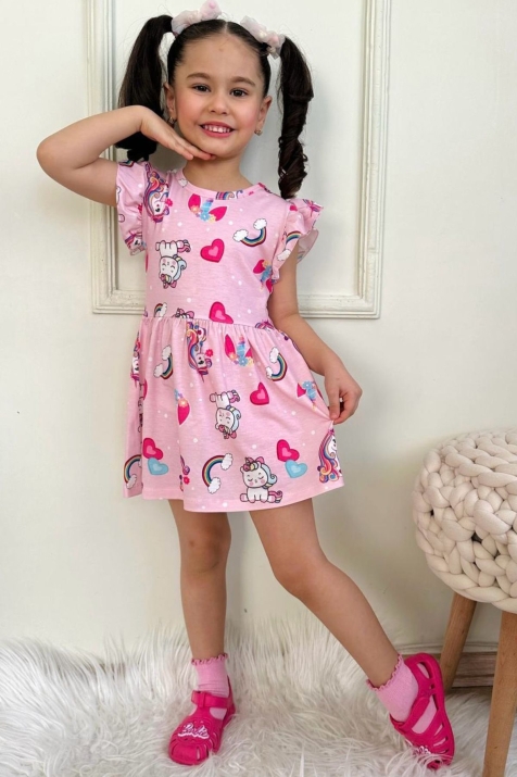 Детска рокля с къс ръкав , розов цвят