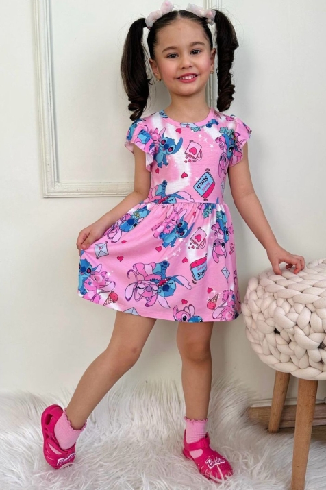 Детска рокля с къс ръкав Stitch, розов цвят
