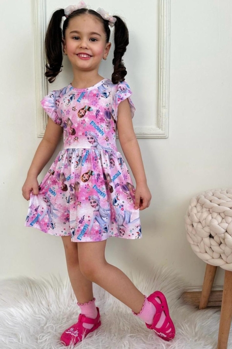 Детска рокля с къс ръкав , розов цвят