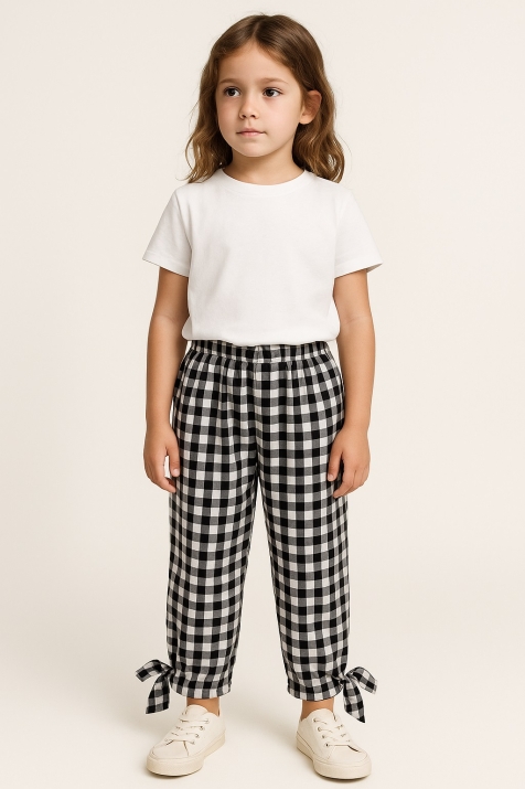 Детски панталон за момиче на каре, черен цвят