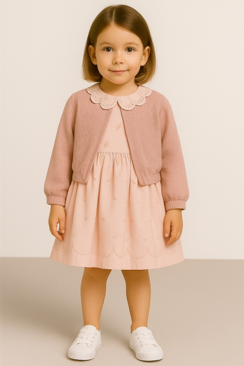 Детска рокля с жилетка, в розов цвят