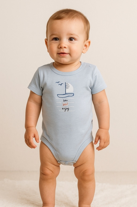 Бебешко боди с къс ръкав от органичен памук, син цвят