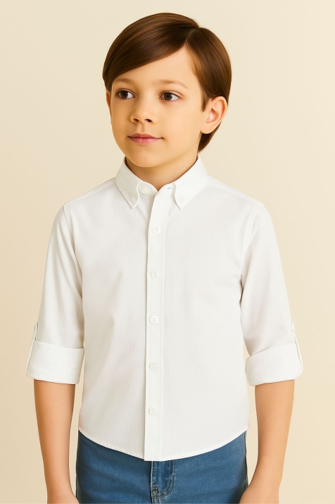  Детска риза за момче с дълъг ръкав, бял цвят 