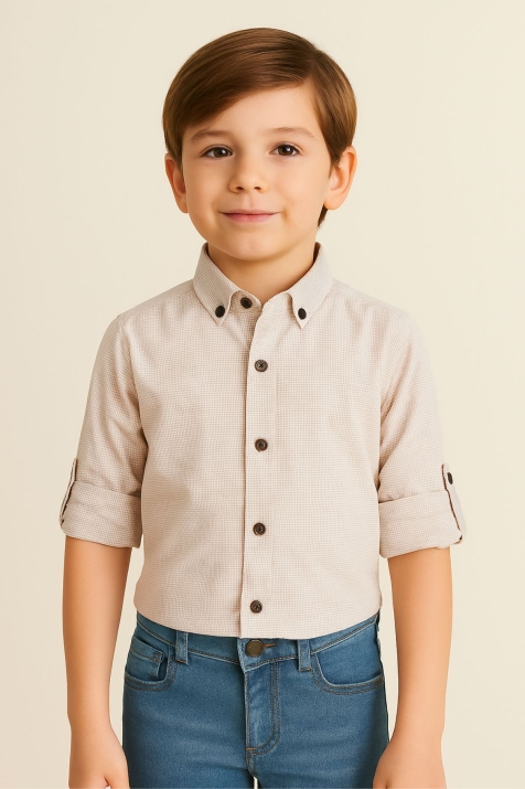  Детска риза за момче с дълъг ръкав, бежов цвят 