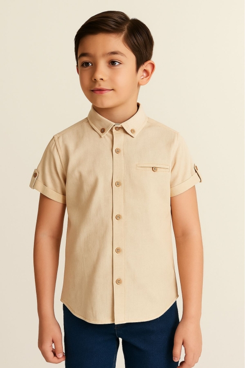 Детска риза за момче къс ръкав, бежов цвят