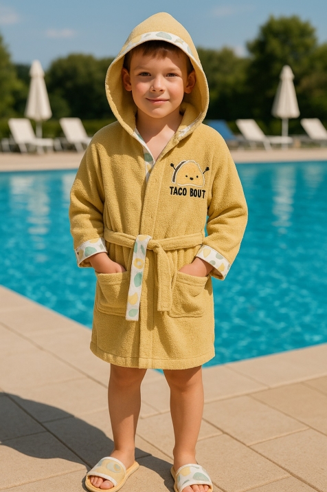 Детски халат за баня с коланче, жълт цвят