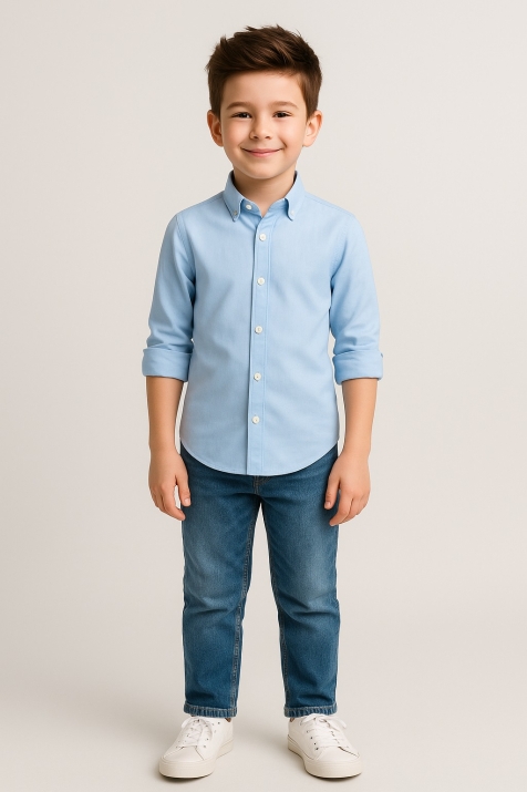 Детска риза за момче с дълъг ръкав, син цвят