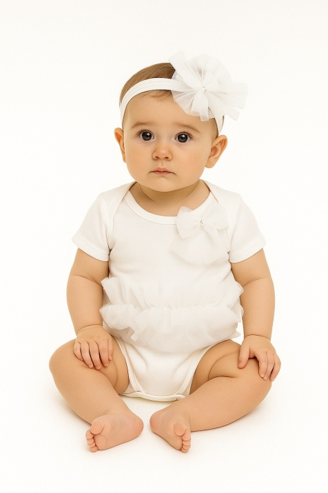 Бебешко боди с къс ръкав с лента, цвят екрю