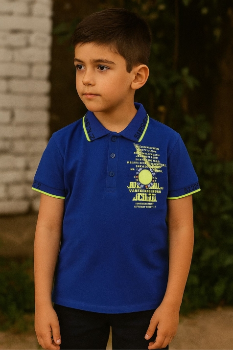 Детска тениска за момче с якичка, син цвят