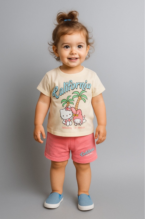 Детски комплект за момиче с къс ръкав, розов цвят