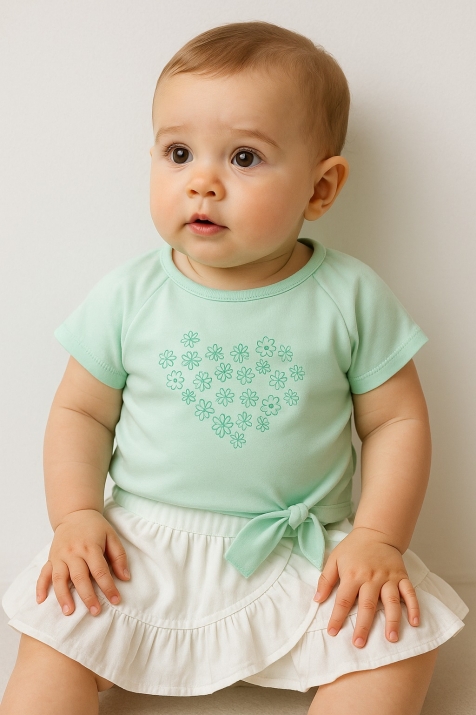 Детски комплект с къс ръкав за момиче от органичен памук, зелен цвят    