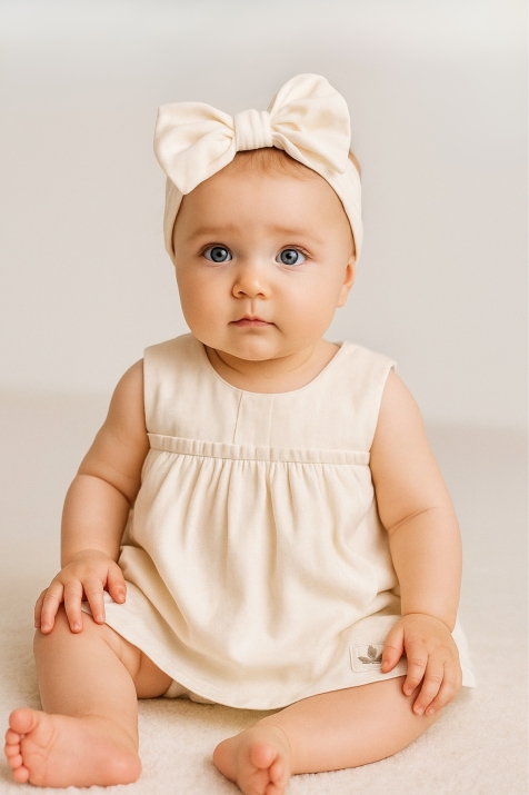 Бебешка рокля без ръкав с лента за глава от органичен памук , бежов цвят