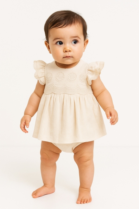Детска боди рокля с къс ръкав, бежов цвят