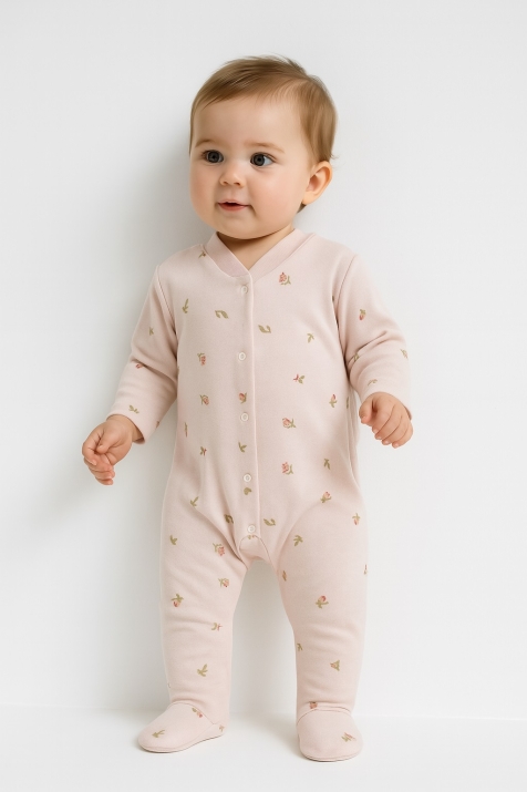 Бебешки гащеризон за момиче с дълъг ръкав, светло розов цвят