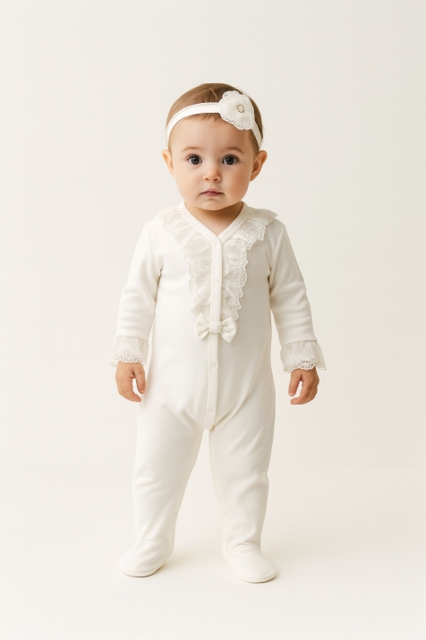 Гащеризон момиче дълъг ръкав с лента за глава,цвят екрю