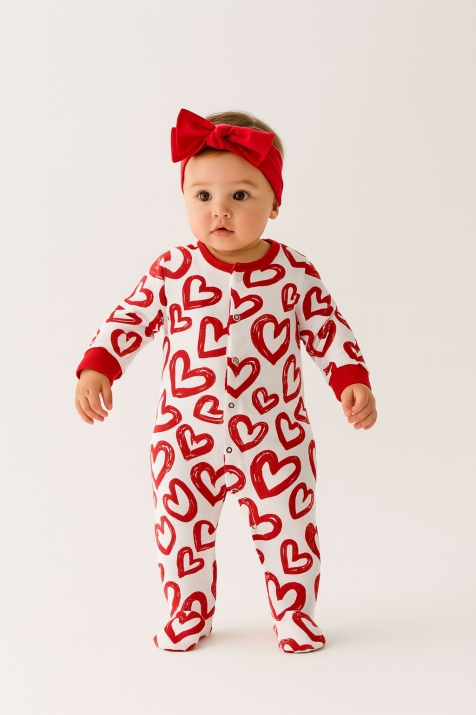 Бебешки гащеризон момиче дълъг ръкав с лента на сърца, бял цвят