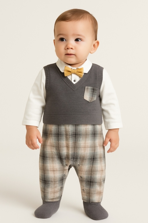 Бебешки луксозен гащеризон момче дълъг ръкав, сив цвят