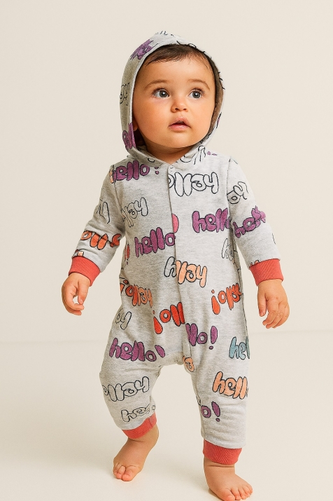 Бебешки гащеризон момиче дълъг ръкав с надписи, сив цвят