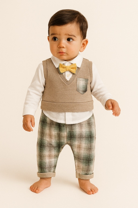 Бебешки луксозен гащеризон момче дълъг ръкав, бежов цвят