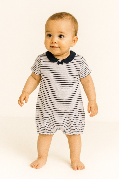 Бебешки гащеризон къс ръкав за момиче Baby Girl, бял цвят, райе