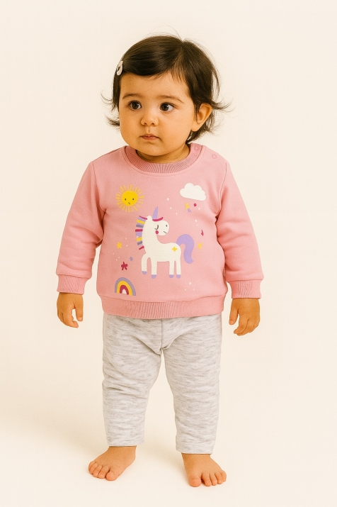 Детски комплект момиче дълъг ръкав Еднорог,розов цвят