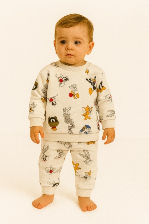 Детски комплект дълъг ръкав момче с анимационни герои, бежов цвят