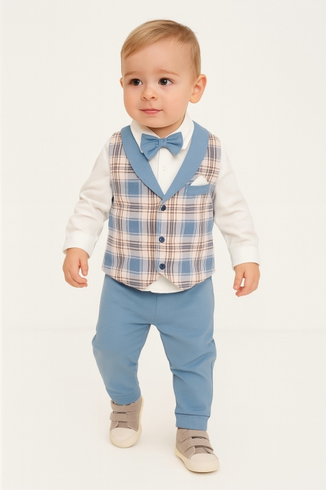 Детски комплект за момче с дълъг ръкав 4 части, син цвят	