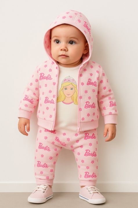 Бебешки комплект момиче дълъг ръкав 3 части Barbie,розов цвят