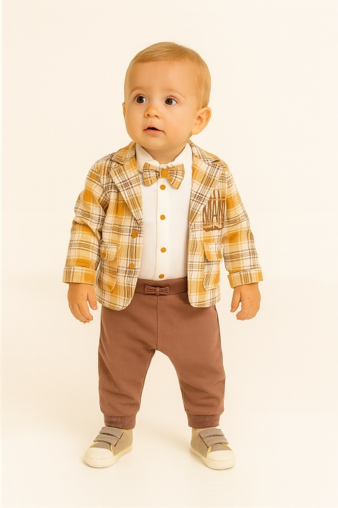 Бебешки комплект момче дълъг ръкав 3 части, жълт цвят