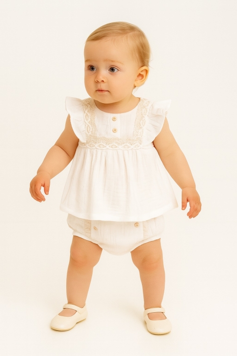 Бебешка рокля къс ръкав с гащички, цвят екрю