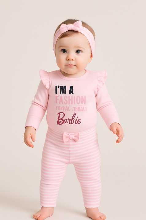 Детски комплект момиче с дълъг ръкав 3 части Barbie, розов цвят