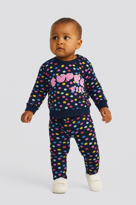 Детски комплект момиче с дълъг ръкав на точки, тъмно син цвят