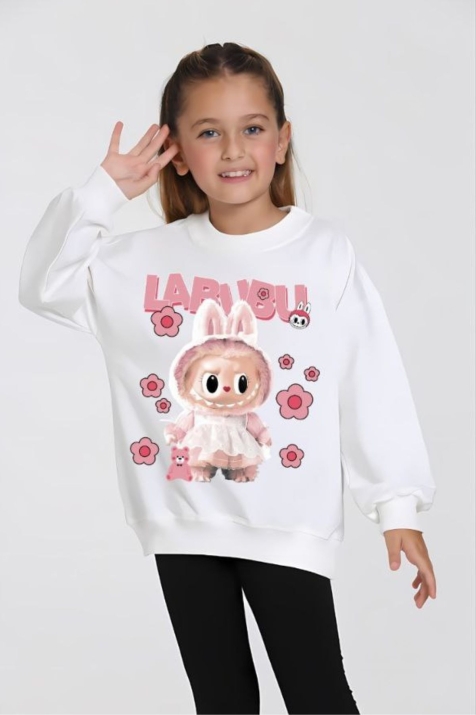 Детска блуза за момиче с дълъг ръкав, цвят екрю